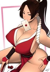 Rule 34 | 1girl, absurdres, armor, artist name, ass, bare shoulders, between breasts, bottomless, breasts, brown eyes, brown hair, cleavage, fatal fury, female focus, hand on own hip, highres, huge ass, huge breasts, japanese armor, japanese clothes, kote, large breasts, legs, letter, long hair, looking at viewer, makeup, matching hair/eyes, mouth hold, nachocobana, naughty face, ninja, nintendo, ponytail, shiranui mai, sideboob, signature, simple background, smug, snk, snk heroines: tag team frenzy, solo, super smash bros., the king of fighters, thick thighs, thighs