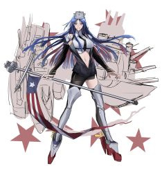 Rule 34 | 1girl, absurdres, american flag, black necktie, black pantyhose, black skirt, black thighhighs, blue hair, boots, breasts, crop top, flag, full body, grey eyes, grin, headgear, highres, holding, ichimonme (ichi), jacket, kantai collection, large breasts, long hair, long sleeves, looking at viewer, navel, necktie, pantyhose, pencil skirt, red hair, rigging, rudder footwear, shirt, simple background, single leg pantyhose, single thighhigh, skirt, smile, solo, south dakota (kancolle), standing, star (symbol), thigh boots, thighhighs, white background, white hair, white shirt