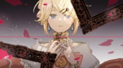 Rule 34 | 1girl, aku no musume (vocaloid), blonde hair, blue eyes, choker, earrings, jewelry, kagamine rin, looking at viewer, picture frame, short hair, solo, strawberrya, strawberrya mg, swept bangs, upper body, vocaloid