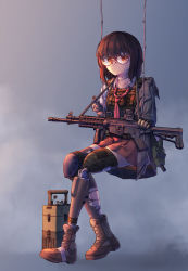 Rule 34 | 1girl, absurdres, amputee, assault rifle, black thighhighs, boots, broken eyewear, brown hair, commentary, daewoo k2, gloves, gun, highres, knee pads, korean text, load bearing vest, medium hair, necktie, ohoo 7am, orange eyes, original, prosthesis, prosthetic leg, rifle, round eyewear, single knee pad, single thighhigh, sitting, solo, swing, thighhighs, torn clothes, torn thighhighs, weapon, weapon request