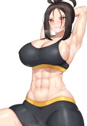 Rule 34 | 1girl, abs, absurdres, armpits, arms behind head, bike shorts, black hair, black shorts, black sports bra, breasts, brown eyes, cleavage, commentary request, creatures (company), dendra (pokemon), game freak, highres, large breasts, looking at viewer, navel, nintendo, parted bangs, parted lips, pokemon, pokemon sv, sharen, shorts, sideboob, smile, solo, sports bra, steaming body, sweat, toned, white background