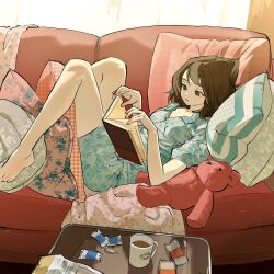 Rule 34 | 1girl, barefoot, book, brown eyes, brown hair, cup, curtains, dress, expressionless, full body, hair between eyes, highres, holding, holding book, indoors, kimura 731, knees, knees up, legs, medium hair, on bench, original, parted lips, pillow, reading, shadow, short sleeves, solo, stuffed animal, stuffed toy, teddy bear, toes, window