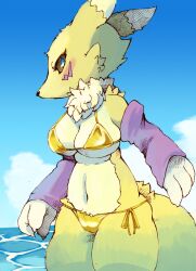 Rule 34 | 1girl, :&lt;, animal ears, animal hands, animal nose, bare shoulders, bikini, black sclera, blue background, blue eyes, blue sky, blush, body fur, breasts, cameltoe, claws, cleavage, closed mouth, cloud, colored sclera, cowboy shot, day, detached sleeves, digimon, digimon (creature), facial mark, female focus, fox ears, fox girl, furry, furry female, gold bikini, gradient background, gradient sky, highres, horizon, large breasts, looking at viewer, navel, neck fur, ocean, outdoors, profile, purple sleeves, redtrain, renamon, shiny clothes, sky, snout, solo, standing, stomach, string bikini, swimsuit, thick thighs, thighs, two-tone fur, underboob, white fur, yellow fur