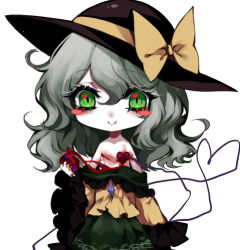 Rule 34 | 1girl, black hat, blood, blush stickers, bow, chibi, chinese commentary, clothes down, commentary request, cuts, frilled shirt collar, frilled sleeves, frills, green eyes, green skirt, guro, hair between eyes, hat, hat bow, heart, heart-shaped pupils, heart (organ), heart of string, holding, holding heart, injury, komeiji koishi, long hair, long sleeves, looking at viewer, lowres, off shoulder, petticoat, sheya, shirt, silver hair, simple background, skirt, smile, solo, symbol-shaped pupils, touhou, white background, wide sleeves, yellow bow, yellow shirt