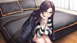 Rule 34 | 1girl, bed, black hair, blush, breasts, cuffs, female focus, game cg, glasses, green eyes, hand on own face, handcuffs, highres, indoors, jacket, large breasts, legs, long hair, looking at viewer, on bed, original, parted lips, pillow, prison clothes, sitting, smile, solo, thighs, women&#039;s prison