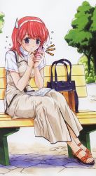 Rule 34 | 1990s (style), 1girl, bag, bench, blush, book, cellphone, eyebrows, feet, full body, hairband, handbag, hasegawa akemi, hasumi elan, highres, holding, holding phone, legs together, long skirt, nervous, no socks, outdoors, pavement, phone, pia carrot (series), pia carrot e youkoso!!, pia carrot e youkoso!! 3, purple eyes, red hair, retro artstyle, sandals, short sleeves, sitting, skirt, skirt set, sky, solo, sweatdrop, toes, tree, vest, wavy mouth, white sky