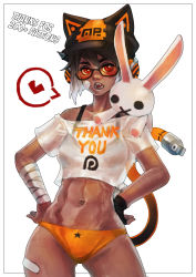 Rule 34 | 1girl, absurdres, animal hat, bandaid, bandaid on leg, black-framed eyewear, black bra, black gloves, black hair, bra, breasts, cat hat, cat tail, contrapposto, cowboy shot, crop top, dark-skinned female, dark skin, fang, freckles, glasses, gloves, gluteal fold, hair between eyes, hands on own hips, hat, heart, highres, looking at viewer, mechanical tail, medium breasts, monori rogue, navel, nose, off-shoulder shirt, off shoulder, open mouth, orange panties, panties, patreon logo, red eyes, see-through, shirt, short hair, short sleeves, simple background, single glove, solo, spoken heart, standing, star (symbol), star panties, star print, stomach, stuffed animal, stuffed rabbit, stuffed toy, tail, teeth, thank you, toned, underwear, white background, white shirt