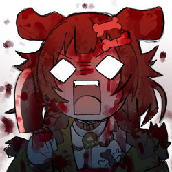 Rule 34 | 1girl, absurdres, angry, animal collar, animal ears, blood, blood on face, blood splatter, blue bow, bone hair ornament, bow, braid, brown eyes, brown hair, buttons, cartoon bone, chocolate cornet, collar, dog ears, dog girl, dog tail, dress, fangs, food, hair between eyes, hair ornament, hairclip, highres, hololive, hololive gamers, inugami korone, inugami korone (1st costume), jacket, knife, long hair, low twin braids, off shoulder, red bow, red collar, short dress, side braids, solo, tail, tonarikeru, twin braids, virtual youtuber, white background, white dress, yandere, yellow jacket