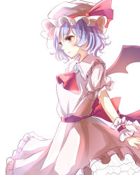 Rule 34 | 1girl, ascot, bat wings, blue hair, dress, hat, highres, kashiwagi chisame, red eyes, remilia scarlet, short hair, simple background, solo, touhou, white background, wings, wrist cuffs