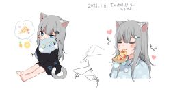 Rule 34 | 1girl, amashiro natsuki, animal ears, arrow (symbol), barefoot, blue eyes, blush, blush stickers, cat ears, cat girl, cat tail, closed eyes, commentary request, dated, hugging doll, eating, food, grey hair, hair between eyes, hair ornament, hairclip, heart, holding, hood, hood down, long hair, long sleeves, multiple views, nachoneko, hugging object, original, pizza, shirt, simple background, sitting, tail, thought bubble, translation request, white background