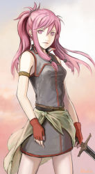 Rule 34 | 1girl, absurdres, bachium, breasts, collared dress, cowboy shot, dress, fingerless gloves, fire emblem, fire emblem: the sacred stones, floating hair, gloves, grey dress, hair between eyes, hair ornament, highres, holding, holding sword, holding weapon, long hair, looking at viewer, marisa (fire emblem), medium breasts, nintendo, parted lips, pink eyes, pink hair, ponytail, red gloves, short dress, solo, standing, sword, weapon