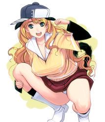 Rule 34 | 1girl, animal ears, bad id, bad pixiv id, baseball cap, blonde hair, blue eyes, boots, breasts, cleavage, from below, hat, kouno (masao), large breasts, legs, long hair, open mouth, panties, pantyshot, shirt, skirt, smile, solo, squatting, tail, taut clothes, taut shirt, underwear, very long hair, white panties