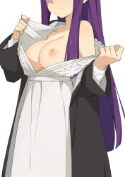 Rule 34 | 1girl, bare shoulders, black coat, breasts, closed mouth, coat, collarbone, commentary request, dress, fern (sousou no frieren), head out of frame, highres, large breasts, long hair, long sleeves, morisobo, nipples, purple hair, simple background, solo, sousou no frieren, white background, white dress