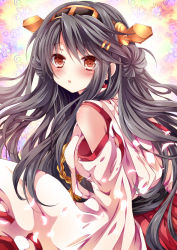 Rule 34 | 10s, 1girl, bare shoulders, black hair, detached sleeves, double bun, hair ornament, hairband, hairclip, haruna (kancolle), japanese clothes, kantai collection, long hair, nogi takayoshi, open mouth, personification, solo