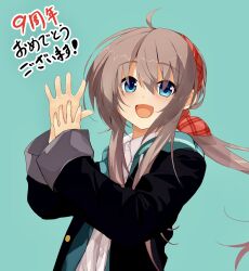 Rule 34 | 1girl, :d, ahoge, anniversary, aqua background, aqua eyes, black jacket, blush, brown hair, collared shirt, commentary request, eyes visible through hair, hair between eyes, hair ribbon, hands up, happy, highres, hood, hood down, hooded jacket, jacket, long hair, looking at viewer, low ponytail, open clothes, open jacket, open mouth, own hands together, plaid, plaid ribbon, red ribbon, ribbon, sanoba witch, school uniform, shiiba tsumugi, shirt, sidelocks, simple background, sleeves past wrists, smile, solo, tareme, upper body, user sztx7254, white shirt