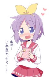Rule 34 | 1girl, blouse, blue eyes, blush, bow, box, commentary request, cowboy shot, gift, gift box, hair bow, hairband, heart, hiiragi tsukasa, holding, holding box, holding gift, incoming gift, lucky star, md5 mismatch, neckerchief, open mouth, pleated skirt, purple hair, red sailor collar, red serafuku, red skirt, ribbon, ryouou school uniform, sailor collar, school uniform, serafuku, shirt, short hair, skirt, tareme, translated, valentine, white shirt, yasakana tooi, yellow bow, yellow hairband