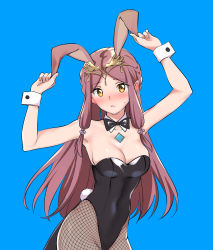 Rule 34 | 1girl, alternate costume, animal ears, arms up, blue background, blush, breasts, brown hair, rabbit ears, cleavage, fake animal ears, fake tail, fan la norne, gem, hair ornament, headpiece, jewelry, large breasts, long hair, misu kasumi, nervous, nintendo, pantyhose, playboy bunny, shy, simple background, solo, tail, tray, very long hair, xenoblade chronicles (series), xenoblade chronicles 2, xenoblade chronicles (series), xenoblade chronicles 2, xenoblade chronicles 2: torna - the golden country