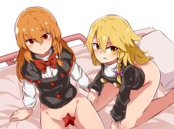 Rule 34 | 2girls, ass, azusa (cookie), black capelet, black jacket, black vest, blonde hair, blush, bottomless, bow, bowtie, braid, buttons, capelet, closed mouth, commentary request, cookie (touhou), eyes visible through hair, feet out of frame, flat chest, hair between eyes, hair bow, jacket, kirisame marisa, long hair, long sleeves, looking at viewer, multiple girls, on bed, open mouth, orange hair, pillow, purple bow, red bow, red bowtie, red eyes, red star, rei (cookie), shirt, side braid, single braid, sitting, star (symbol), touhou, turtleneck, vest, white shirt, yellow eyes, yumekamaborosh