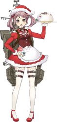 Rule 34 | 10s, 1girl, apron, artist request, blush, bow, cake, christmas, dress, drew (drew213g), food, frills, full body, fur trim, hair bobbles, hair ornament, hand on own hip, hat, high heels, holding, holly, kantai collection, long hair, long sleeves, machinery, maid apron, mistletoe, official art, pink eyes, pink hair, plate, puffy long sleeves, puffy sleeves, pumps, rabbit, red dress, santa costume, santa hat, sazanami (kancolle), solo, striped, striped bow, thighhighs, transparent background, twintails, white thighhighs, zettai ryouiki