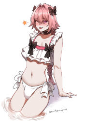 1boy absurdres artist_name astolfo_(fate) bikini black_bow black_choker blush bow braid braided_ponytail bulge changecolor choker collarbone crossdressing fate/apocrypha fate/grand_order fate_(series) frilled_bikini frills hair_bow hair_intakes highres long_hair looking_at_viewer male_focus multicolored_hair nail_polish navel one_eye_closed partially_submerged pink_eyes pink_hair side-tie_bikini_bottom streaked_hair swimsuit tongue tongue_out trap white_background wink wink_star