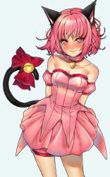 Rule 34 | 1girl, animal ears, arms behind back, bare shoulders, bell, blue background, blush, breasts, bright pupils, cat ears, cat girl, cat tail, choker, closed mouth, collarbone, commentary, contrapposto, cowboy shot, dress, highres, jewelry, jingle bell, juliet sleeves, legband, long sleeves, looking at viewer, magical girl, medium breasts, mew ichigo, momomiya ichigo, necklace, pink dress, pink eyes, pink hair, puffy sleeves, rakkou, red ribbon, ribbon, short hair, simple background, smile, standing, tail, tail bell, tail ornament, tail ribbon, thigh strap, tokyo mew mew