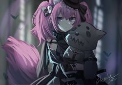 Rule 34 | 1girl, animal ears, arknights, black bow, black dress, black hat, blue sealad, blurry, blurry background, bow, closed mouth, commentary, depth of field, dress, hair between eyes, hair bow, hair ornament, hat, hugging object, long sleeves, looking at viewer, mini hat, mini top hat, pink hair, puffy long sleeves, puffy sleeves, purple eyes, shamare (arknights), signature, skull hair ornament, solo, stuffed animal, stuffed dog, stuffed toy, tail, top hat