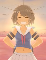 Rule 34 | 10s, 1girl, bad id, bad pixiv id, breasts, brown eyes, closed eyes, facing viewer, grin, hands on own hips, kantai collection, maya (kancolle), navel, short hair, smile, solo, sunset, yoosai