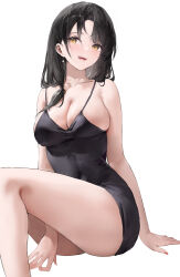 Rule 34 | 1girl, black dress, black hair, breasts, cleavage, dress, earrings, haori io, highres, jewelry, large breasts, long hair, looking at viewer, open mouth, original, simple background, sitting, sleeveless, sleeveless dress, smile, solo, teeth, thighs, white background, yellow eyes