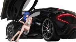Rule 34 | 1girl, azur lane, bag, bare shoulders, blue hair, blue nails, bracelet, breasts, building, car, cleavage, closed mouth, dress, earrings, evening gown, feet, formal, full body, grey footwear, hair between eyes, hair ornament, hairclip, halter dress, halterneck, hand on own thigh, handbag, high heels, highres, huge breasts, jewelry, large breasts, legs, long hair, looking at viewer, mclaren, mclaren p1, motor vehicle, nail polish, necklace, night, night sky, no bra, official alternate costume, official art, pink eyes, realistic, revealing clothes, side ponytail, sidelocks, silver dress, sitting, sky, skyscraper, solo, st. louis (azur lane), st. louis (luxurious wheels) (azur lane), swept bangs, thighs, transparent background, updo, vehicle focus, yunsang