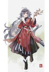 Rule 34 | 1girl, :d, black dress, black footwear, boots, branch, bridal gauntlets, commentary request, copyright request, dress, flower, full body, fur-trimmed boots, fur trim, grey hair, hair between eyes, highres, holding, holding branch, honkai (series), honkai impact 3rd, long hair, long sleeves, looking at viewer, open mouth, pink flower, puffy long sleeves, puffy sleeves, qqqne, red eyes, smile, solo, standing, standing on one leg, very long hair, white flower
