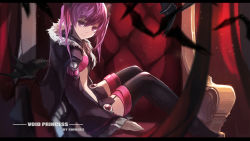 Rule 34 | 1girl, aisha landar, armchair, artist name, bad id, bad pixiv id, bat (animal), black thighhighs, blurry, chair, character name, depth of field, elsword, from side, light smile, looking at viewer, navel, purple eyes, purple hair, sitting, skirt, smile, solo, strapless, swd3e2, thighhighs, throne, tube top, twintails, void princess, void princess (elsword), zettai ryouiki