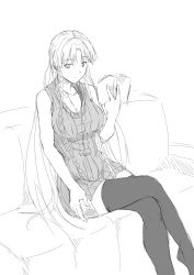 Rule 34 | 1girl, book, braid, breasts, casual, contemporary, couch, digital media player, female focus, greyscale, highres, hong meiling, ipod, large breasts, crossed legs, light smile, long hair, looking at viewer, monochrome, niwatazumi, no headwear, no headwear, ribbed sweater, sitting, solo, sweater, thighhighs, touhou, twin braids, very long hair, zettai ryouiki