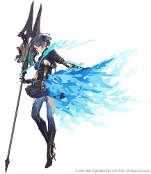 Rule 34 | 1girl, absurdres, alice (sinoalice), arm tattoo, black dress, blue hair, boots, breasts, dark blue hair, dress, frilled dress, frills, full body, high heel boots, high heels, highres, holding, holding weapon, ji no, leg tattoo, looking at viewer, official art, polearm, red eyes, short hair, shrug (clothing), sideboob, sinoalice, solo, spear, square enix, tattoo, weapon, white background