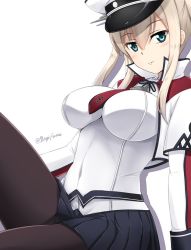 Rule 34 | 1girl, black pantyhose, capelet, celtic knot, commentary request, cross, fuuma nagi, gloves, graf zeppelin (kancolle), hair between eyes, hat, iron cross, kantai collection, looking at viewer, military, military hat, military uniform, miniskirt, necktie, pantyhose, peaked cap, pleated skirt, sidelocks, simple background, skirt, solo, twintails, twitter username, uniform, white background, white hat