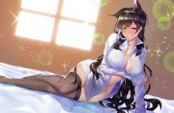 Rule 34 | 1girl, animal ear fluff, animal ears, arm support, atago (azur lane), azur lane, black hair, black thighhighs, blush, breasts, brown eyes, cleavage, collarbone, collared shirt, extra ears, hair ribbon, indoors, kagiyama (clave), large breasts, light particles, long hair, long sleeves, looking at viewer, lying, mole, mole under eye, mouth hold, naked shirt, on bed, on side, open clothes, open shirt, ribbon, shirt, sidelocks, smile, solo, sparkle, sunlight, swept bangs, thighhighs, white ribbon, white shirt, window