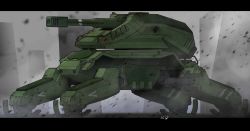 Rule 34 | absurdres, extra legs, from side, highres, letterboxed, mecha, military, military vehicle, motor vehicle, no humans, original, robot, science fiction, seibi hanchou, solo, standing, tank, tank turret