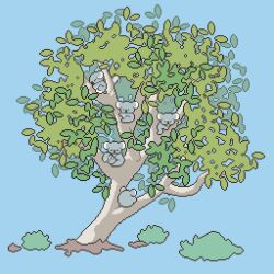 Rule 34 | animal, blue background, bush, highres, kayoluha, koala, no humans, on tree, original, pixel art, tree