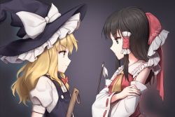 Rule 34 | 2girls, ascot, bare shoulders, black hair, black headwear, black vest, blonde hair, bow, braid, broom, brown eyes, crossed arms, detached sleeves, frilled bow, frilled shirt collar, frills, from side, gohei, gradient background, grey background, hair bow, hair tubes, hakurei reimu, hat, hat bow, kirisame marisa, long sleeves, looking at another, minust, multiple girls, profile, red bow, ribbon-trimmed sleeves, ribbon trim, shirt, sidelocks, single braid, smile, touhou, upper body, vest, white bow, white shirt, wide sleeves, yellow ascot, yellow eyes