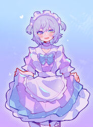 Rule 34 | 1girl, apron, blue background, blue bow, blue bowtie, bow, bowtie, buttons, cat choker, choker, clothes lift, collarbone, dress, dress lift, gradient background, halftone, heart, heterochromia, highres, iroha amamizu, light blush, looking at viewer, maid, maid headdress, open mouth, original, pantyhose, pink choker, print pantyhose, purple background, purple dress, purple eyes, short hair, short twintails, small sweatdrop, smile, solo, symbol-shaped pupils, twintails, white apron, white headdress, white pantyhose, yellow eyes