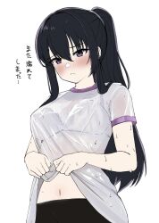 Rule 34 | 1girl, black hair, blush, bra, bra visible through clothes, breasts, closed mouth, clothes lift, commentary, cowboy shot, frown, hair between eyes, hair over shoulder, highres, large breasts, lifted by self, long hair, looking down, navel, nijouin hazuki, purple eyes, riddle joker, see-through, see-through shirt, shirt, shirt lift, short sleeves, sidelocks, simple background, solo, straight hair, tft (tft7822), translated, underwear, very long hair, wet, wet clothes, wet shirt, white background, white bra, white shirt