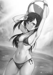 Rule 34 | 1girl, armpits, arms up, artist name, ball, beachball, bikini, blush, breasts, closed mouth, collarbone, commentary request, cowboy shot, flower, gluteal fold, greyscale, hair flower, hair ornament, halterneck, highres, large breasts, long hair, looking at viewer, love live!, love live! nijigasaki high school idol club, mixed-language commentary, monochrome, navel, ocean, outdoors, scrunchie, side-tie bikini bottom, signature, skindentation, smile, solo, stomach, string bikini, swept bangs, swimsuit, unsfrau, water, wide hips, wrist scrunchie, yuki setsuna (love live!)