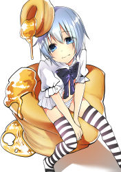Rule 34 | 1girl, 3:, absurdres, bad id, bad tumblr id, between legs, biscuit (bread), bisuke-tan, black bow, blue eyes, blue hair, blush, bow, bowtie, closed mouth, eyes visible through hair, food, food on head, from above, hair between eyes, hand between legs, highres, kfc, looking away, navel, nightgown, object on head, own hands together, panties, puffy short sleeves, puffy sleeves, raised eyebrows, ribbon-trimmed sleeves, ribbon trim, shadow, shiori (moechin), short hair, short sleeves, simple background, sitting, skindentation, solo, straight hair, striped clothes, striped panties, striped thighhighs, syrup, thighhighs, underwear, v arms, white background
