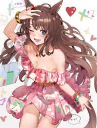 Rule 34 | #summer #besties (umamusume), ..., 1girl, \m/, animal ears, bag, bare shoulders, breasts, brown hair, cleavage, commentary request, cowboy shot, dress, ear ornament, ear piercing, heart, highres, horse ears, horse girl, horse tail, jewelry, looking at viewer, medium breasts, multicolored nails, multiple bracelets, necklace, off-shoulder shirt, off shoulder, official alternate costume, official alternate hairstyle, one eye closed, open mouth, piercing, pink dress, purple eyes, shirt, shoulder bag, smile, solo, solokitsune, tail, tosen jordan (aurore vacances) (umamusume), tosen jordan (umamusume), transparent bag, umamusume, w