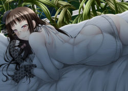 Rule 34 | 10s, 1girl, alternate costume, ass, ayato, back, backless outfit, bare back, bare shoulders, blunt bangs, blush, breast press, breasts, brown hair, butt crack, cherry, choukai (kancolle), closed mouth, cowboy shot, fingerless gloves, food, from side, fruit, gigantic breasts, glasses, gloves, hat, kantai collection, long hair, looking to the side, lying, meme attire, mini hat, on bed, on stomach, red eyes, rimless eyewear, sideboob, sidelocks, smile, solo, virgin killer sweater