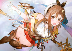 Rule 34 | 1girl, atelier (series), atelier ryza, atelier ryza 3, belt, braid, brown eyes, brown footwear, brown gloves, brown hair, choker, clover hair ornament, earrings, flask, gloves, hair ornament, hairclip, hat, highres, holding, holding staff, jewelry, key, looking at viewer, necklace, official art, open mouth, photoshop (medium), red shorts, reisalin stout, short shorts, shorts, single glove, solo, sparkle, staff, teeth, thigh gap, thighs, toridamono, upper teeth only, v-shaped eyebrows, vest