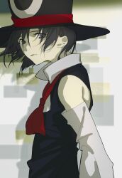 Rule 34 | 1other, absurdres, androgynous, black eyes, black hair, black hat, black vest, chinese commentary, closed mouth, collared shirt, commentary request, detached sleeves, enraku tsubakura, eyes visible through hair, hat, highres, len&#039;en, long sleeves, neck ribbon, other focus, red ribbon, ribbon, shirt, short hair, sleeveless, sleeveless shirt, solo, upper body, vest, white shirt, white sleeves, wide sleeves, zs130826