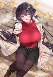 Rule 34 | 1girl, 218, arm support, belt, black belt, black hair, black skirt, boots, breasts, brown coat, brown footwear, coat, commission, copyright request, cup, elf, from above, holding, holding cup, large breasts, long hair, long sleeves, looking at viewer, looking up, on bench, open clothes, open coat, outdoors, pantyhose, pencil skirt, pointy ears, red sweater, sitting, skeb commission, skirt, solo, sweater, turtleneck, turtleneck sweater, very long hair