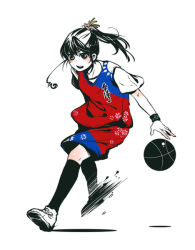 Rule 34 | 1girl, ahoge, alternate costume, alternate hairstyle, axis powers hetalia, ball, basketball, basketball (object), black socks, female focus, full body, jersey, kneehighs, playing sports, ponytail, ruby20516, running, shoes, short sleeves, shorts, simple background, sneakers, socks, solo, taiwan (hetalia), white background, wristband