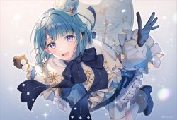 Rule 34 | 1boy, backlighting, bent over, blue bow, blue bowtie, blue footwear, blue hair, blush, boots, bow, bowtie, brown gloves, capelet, commentary, ensemble stars!, frilled capelet, frilled sleeves, frills, full body, fur-trimmed boots, fur-trimmed headwear, fur trim, gloves, gradient background, grey background, hat, highres, kneehighs, looking at viewer, male focus, open mouth, poncho, puffy sleeves, purple eyes, shino hajime, shira lapin, short hair, shorts, smile, snowflake print, socks, solo, sparkle, twitter username, waving, white background, white shorts, white socks