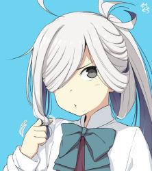 Rule 34 | 1girl, ahoge, asashimo (kancolle), blue background, blue bow, blue bowtie, bow, bowtie, commentary request, dress, dress shirt, grey eyes, hair over one eye, halterneck, kantai collection, long hair, looking at viewer, moti coi, one-hour drawing challenge, playing with hair, ponytail, pout, school uniform, shirt, silver hair, simple background, solo, upper body, white shirt